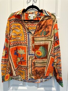 Calypso St. Barth Orange Tropical Patchwork Button-Down Shirt